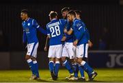 29 October 2018; Paddy McCourt of Finn Harps, centre, is congratulated by team-mates after scoring his sides first goal from a penalty during the SSE Airtricity League Promotion / Relegation Play-off Final 1st leg match between Finn Harps and Limerick FC at Finn Park in Ballybofey Donegal. Photo by Oliver McVeigh/Sportsfile