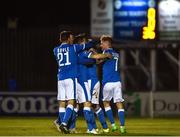 29 October 2018; Paddy McCourt of Finn Harps is surrounded by team-mates after scoring his sides first goal from a penalty during the SSE Airtricity League Promotion / Relegation Play-off Final 1st leg match between Finn Harps and Limerick FC at Finn Park in Ballybofey Donegal. Photo by Oliver McVeigh/Sportsfile