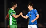29 October 2018; Billy Dennehy of Limerick and John Kavanagh of Finn Harps shake hands at the final whistle of the SSE Airtricity League Promotion / Relegation Play-off Final 1st leg match between Finn Harps and Limerick FC at Finn Park in Ballybofey Donegal. Photo by Oliver McVeigh/Sportsfile
