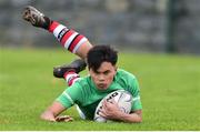 31 October 2018; Stefen San Agustin of South East Area scores a try during the U16s 2nd Round Shane Horgan Cup match between South East Area v Midlands Area at IT Carlow in Carlow. Photo by Matt Browne/Sportsfile