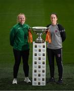 31 October 2018; Amber Barrett, left, of Peamount United and Kylie Murphy of Wexford Youths during a Continental Tyres FAI Women's Cup Final Media Day at the Aviva Stadium in Dublin. Photo by Eóin Noonan/Sportsfile