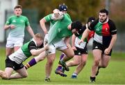 31 October 2018; Ben Popplewell of South East is tackled by Oran O'Reilly, left,  and Michael Hand of Midlands Area during the U18s 2nd Round Shane Horgan Cup match between South East Area and Midlands Area at IT Carlow in Carlow. Photo by Matt Browne/Sportsfile