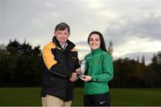 31 October 2018; Niamh Farrelly of Peamount United being presented with the Continental Tyres WNL Player of the Month Award for September by Eddie Ryan, Marketing Director at Continental, at the FAI HQ in Abbotstown, Co Dublin. Photo by Eóin Noonan/Sportsfile