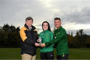 31 October 2018; Niamh Farrelly of Peamount United being presented with the Continental Tyres WNL Player of the Month Award for September by Eddie Ryan, Marketing Director at Continental, and Republic of Ireland women's manager Colin Bell at the FAI HQ in Abbotstown, Co Dublin. Photo by Eóin Noonan/Sportsfile