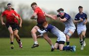 31 October 2018; Dara Maher of North East Area is tackled by Thady McKeever, centre, and Patrick Kiernan of Metropolitan Area during the U18s 2nd Round Shane Horgan Cup match between North East Area and Metropolitan Area at Ashbourne RFC in Ashbourne, Co Meath. Photo by Piaras Ó Mídheach/Sportsfile