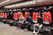 31 October 2018; Josh van der Flier, left, Bundee Aki, centre, and Garry Ringrose of Ireland in the dressing rooms during a visit to the MB Ice Arena, practice home of the Chicago Blackhawks, in Chicago, USA. Photo by Brendan Moran/Sportsfile