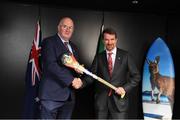 1 November 2018; Uachtarán Chumann Lúthchleas Gael John Horan, left, presents a decorative hurley to Australian Ambassador to Ireland Richard Andrews at an event to mark the departure of the Kilkenny and Galway teams, who fly to Australia to take part in a match for the Wild Geese Trophy as part of the Sydney Irish Fest on November 10/11, at the Australian Embassy in Dublin. Photo by Harry Murphy/Sportsfile