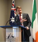 1 November 2018; Australian Ambassador to Ireland Richard Andrews speaks at an event to mark the departure of the Kilkenny and Galway teams, who fly to Australia to take part in a match for the Wild Geese Trophy as part of the Sydney Irish Fest on November 10/11, at the Australian Embassy in Dublin. Photo by Harry Murphy/Sportsfile