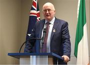 1 November 2018; Uachtarán Chumann Lúthchleas Gael John Horan speaks at an event to mark the departure of the Kilkenny and Galway teams, who fly to Australia to take part in a match for the Wild Geese Trophy as part of the Sydney Irish Fest on November 10/11, at the Australian Embassy in Dublin. Photo by Harry Murphy/Sportsfile