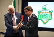 1 November 2018; Uachtarán Chumann Lúthchleas Gael John Horan, left, presents a decorative hurley to Australian Ambassador to Ireland Richard Andrews at an event to mark the departure of the Kilkenny and Galway teams, who fly to Australia to take part in a match for the Wild Geese Trophy as part of the Sydney Irish Fest on November 10/11, at the Australian Embassy in Dublin.  Photo by Harry Murphy/Sportsfile