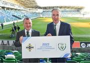 1 November 2018; Patrick Nelson, Irish FA Chief Executive, left, and John Delaney, FAI Chief Executive during a special announcement that the Football Association of Ireland and the Irish Football Association of their intention to submit a joint bid to host the UEFA Under-21 Championship in 2023 at Windsor Park in Belfast. Photo by Oliver McVeigh/Sportsfile