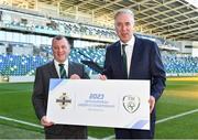 1 November 2018; Patrick Nelson, Irish FA Chief Executive, left, and John Delaney, FAI Chief Executive during a special announcement that the Football Association of Ireland and the Irish Football Association of their intention to submit a joint bid to host the UEFA Under-21 Championship in 2023 at Windsor Park in Belfast. Photo by Oliver McVeigh/Sportsfile