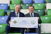 1 November 2018; Patrick Nelson, Irish FA Chief Executive, right, and John Delaney, FAI Chief Executive during a special announcement that the Football Association of Ireland and the Irish Football Association of their intention to submit a joint bid to host the UEFA Under-21 Championship in 2023 at Windsor Park in Belfast. Photo by Oliver McVeigh/Sportsfile