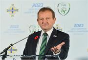 1 November 2018; David Martin President of the Irish Football association during a special announcement that the Football Association of Ireland and the Irish Football Association of their intention to submit a joint bid to host the UEFA Under-21 Championship in 2023 at Windsor Park in Belfast. Photo by Oliver McVeigh/Sportsfile