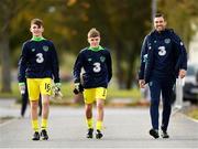 29 October 2018; Republic of Ireland U15 goalkeepers Aaron Mannix, left, and Lee Morris, centre, with goalkeeping coach Richie Fitzgibbon prior to the Republic of Ireland U15 and Republic of Ireland U16 match at FAI National Training Centre in Abbotstown, Dublin. Photo by Seb Daly/Sportsfile