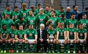 2 November 2018; President of IRFU Ian McIlrath in conversation with team captain Rhys Ruddock as they all wait to have their team photograph taken during the Ireland rugby captain's run at Soldier Field in Chicago, USA. Photo by Brendan Moran/Sportsfile