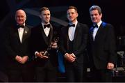 2 November 2018; Dublin footballer Paul Mannion is presented with his PwC All Star award by, from left, Uachtarán Chumann Lúthchleas Gael John Horan, GPA CEO Paul Flynn, and CEO of PwC Ireland Feargal O'Rourke during the PwC All Stars 2018 at the Convention Centre in Dublin. Photo by Ramsey Cardy/Sportsfile