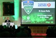 2 November 2018; Hasan Mutlu, Turkish Airlines General Manager Ireland, speaking during the Turkish Airlines 2018 Cricket Ireland Awards at the Royal College of Physicians in Dublin. Photo by Seb Daly/Sportsfile