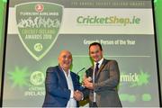 2 November 2018; Philip McCormick, Head Groundsman of playing facilities at Stormont Estate, is presented with the 2018 Cricketshop.ie Grounds Person of the Year award by Kieran Kennedy, O’Neills Managing Director, during the Turkish Airlines Cricket Ireland Awards at the Royal College of Physicians in Dublin. Photo by Seb Daly/Sportsfile