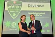 2 November 2018; Tim Paul is presented with the 2018 Devenish Nutrition Female Youth International Player of the Year award by Professor Alice Stanton, Royal College of Surgeons in Ireland, on behalf of his daughter Leah Paul, during the Turkish Airlines 2018 Cricket Ireland Awards at the Royal College of Physicians in Dublin. Photo by Seb Daly/Sportsfile