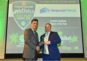 2 November 2018; Richard Holdsworth, Perfromance Director, Cricket Ireland, is presented with the Shapoorji Pallonji Female Academy Player of the Year award by Ryan Eagleson, Cricket Ireland Academy Coach, on behalf of Rebecca Stokell, during the Turkish Airlines 2018 Cricket Ireland Awards at the Royal College of Physicians in Dublin. Photo by Seb Daly/Sportsfile