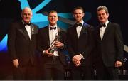 2 November 2018; Kilkenny hurler Eoin Murphy receives his award from Uachtarán Chumann Lúthchleas Gael John Horan, GPA secretary Seamus Hickey and Feargal O'Rourke, Managing Partner, PwC, during the PwC All Stars 2018 at the Convention Centre in Dublin. Photo by Ramsey Cardy/Sportsfile