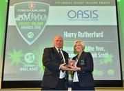 2 November 2018; Harry Rutherford, Bready Cricket Club, is presented with the Oasis Volunteer of the Year award, in honour of Derek Scott, former President of the Irish Cricket Union and Honorary Secretary of the Irish Cricket Union, by Aideen Rice, President of Cricket Ireland, during the Turkish Airlines 2018 Cricket Ireland Awards at the Royal College of Physicians in Dublin. Photo by Seb Daly/Sportsfile