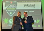 2 November 2018; Kevin Gallagher, left, is presented with the Frontline Security Official of the Year award by Allan Gannon, Managing Director of Frontline Security, on behalf of Mary Waldron during the Turkish Airlines 2018 Cricket Ireland Awards at the Royal College of Physicians in Dublin. Photo by Seb Daly/Sportsfile