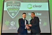 2 November 2018; Stephen Dyer, Civil Service Northern Ireland, is presented with the Clear Currency Contribution to Irish Coaching award by Conor Deering, Clear Currency Head of Client Service, during the Turkish Airlines 2018 Cricket Ireland Awards at the Royal College of Physicians in Dublin. Photo by Seb Daly/Sportsfile