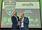 2 November 2018; John Anderson is presented with the O’Neills Female Club Player of the Year award by Kieran Kennedy, Managing Director of O’Neills, on behalf of wife Isobel Joyce, during the Turkish Airlines 2018 Cricket Ireland Awards at the Royal College of Physicians in Dublin. Photo by Seb Daly/Sportsfile