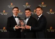 2 November 2018; Donegal hurler Declan Coulter with his Nickey Rackard Champion 15 Player of the Year Award, with GPA Secretary Séamus Hickey and GPA CEO Paul Flynn at the PwC All Stars 2018 at the Convention Centre in Dublin. Photo by Sam Barnes/Sportsfile