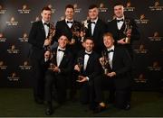 2 November 2018; Limerick hurlers, back row, from left, Richie English, Dan Morrissey, Kyle Hayes, Declan Hannon, front row, from left, Seán Finn, Graeme Mulcahy, and Cian Lynch with their All-Star awards at the PwC All Stars 2018 at the Convention Centre in Dublin.  Photo by Sam Barnes/Sportsfile