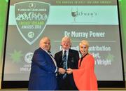 2 November 2018; Dr Murray Power, centre, is presented with the Gibney’s Outstanding Contribution to Irish Cricket award, in honour of John Wright, by Tony and Sharon Gibney during the Turkish Airlines 2018 Cricket Ireland Awards at the Royal College of Physicians in Dublin. Photo by Seb Daly/Sportsfile