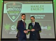 2 November 2018; George Dockrell, left, is presented with the Hanley Energy Men’s Inter-Provincial Player of the Year award by Niall Franklin, Marketing Manager of Hanley Energy, during the Turkish Airlines 2018 Cricket Ireland Awards at the Royal College of Physicians in Dublin. Photo by Seb Daly/Sportsfile