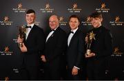 2 November 2018; Uachtarán Chumann Lúthchleas Gael John Horan, GPA CEO Paul Flynn, with Limerick hurler Kyle Hayes, left, and his Young Hurler of the Year award and Kerry footballer David Clifford and his Young Footballer of the Year award at PwC All Stars 2018 at the Convention Centre in Dublin. Photo by Sam Barnes/Sportsfile