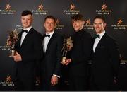 2 November 2018; GPA CEO Paul Flynn, GPA Secretary Séamus Hickey, with Limerick hurler Kyle Hayes, left, and his Young Hurler of the Year award and Kerry footballer David Clifford and his Young Footballer of the Year award at PwC All Stars 2018 at the Convention Centre in Dublin. Photo by Sam Barnes/Sportsfile