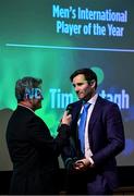 2 November 2018; Tim Murtagh, right, is onterviewed by Rob Hartnett after winning the Turkish Airlines Men’s International Player of the Year award during the Turkish Airlines 2018 Cricket Ireland Awards at the Royal College of Physicians in Dublin. Photo by Seb Daly/Sportsfile