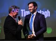 2 November 2018; Tim Murtagh, right, is onterviewed by Rob Hartnett after winning the Turkish Airlines Men’s International Player of the Year award during the Turkish Airlines 2018 Cricket Ireland Awards at the Royal College of Physicians in Dublin. Photo by Seb Daly/Sportsfile