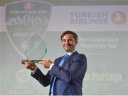 2 November 2018; Tim Murtagh poses for a portrait with his Turkish Airlines Men’s International Player of the Year award following the Turkish Airlines 2018 Cricket Ireland Awards at the Royal College of Physicians in Dublin. Photo by Seb Daly/Sportsfile