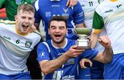 3 November 2018; Scotland captain Blair Morrison and his team mates celebrate with the cup after the U21 Hurling Shinty International 2018 match between Ireland and Scotland at Games Development Centre in Abbotstown, Dublin. Photo by Piaras Ó Mídheach/Sportsfile