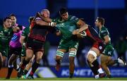 3 November 2018; Jarrad Butler of Connacht is tackled by Brok Harris, left, and Taine Basham of Dragons during the Guinness PRO14 Round 8 match between Connacht and Dragons at the Sportsground in Galway. Photo by Ramsey Cardy/Sportsfile