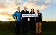 1 November 2018; In attendance at the launch of Ireland Lights Up with the GAA in partnership with RTÉ’s Operation Transformation and Get Ireland Walking are, from left, Karl Henry, Operation Transformation, Joanna Cahill, Ballyboughal GAA Healthy Club Officer, Uachtarán Chumann Lúthchleas Gael John Horan, and Richard Seaver, Ballyboughal GAA Chairman, at Ballyboughal GAA Healthy Club in Dublin. In a bid to make exercise more accessible on the dark winter nights, ‘Ireland Lights Up’ will see participating clubs turn on their floodlights/lighting systems between 7-pm-9pm each Thursday for a five-week period (January 17th – February 21st  2019) as Operation Transformation returns to our screens in the New Year. Photo by Sam Barnes/Sportsfile
