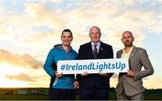 5 November 2018; In attendance at the launch of Ireland Lights Up with the GAA in partnership with RTÉ’s Operation Transformation and Get Ireland Walking are, from left, Karl Henry, Operation Transformation, Uachtarán Chumann Lúthchleas Gael John Horan, and Jason King, Get Ireland Walking, at Ballyboughal GAA Healthy Club in Dublin. In a bid to make exercise more accessible on the dark winter nights, ‘Ireland Lights Up’ will see participating clubs turn on their floodlights/lighting systems between 7-pm-9pm each Thursday for a five-week period (January 17th – February 21st  2019) as Operation Transformation returns to our screens in the New Year. Photo by Sam Barnes/Sportsfile