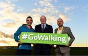 1 November 2018; In attendance at the launch of Ireland Lights Up with the GAA in partnership with RTÉ’s Operation Transformation and Get Ireland Walking are, from left, Karl Henry, Operation Transformation, Uachtarán Chumann Lúthchleas Gael John Horan, and Jason King, Get Ireland Walking, at Ballyboughal GAA Healthy Club in Dublin. In a bid to make exercise more accessible on the dark winter nights, ‘Ireland Lights Up’ will see participating clubs turn on their floodlights/lighting systems between 7-pm-9pm each Thursday for a five-week period (January 17th – February 21st  2019) as Operation Transformation returns to our screens in the New Year. Photo by Sam Barnes/Sportsfile