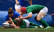 3 November 2018; Garry Ringrose of Ireland loses the ball on the tryline after being tackled by Michele Campagnaro of Italy during the International Rugby match between Ireland and Italy at Soldier Field in Chicago, USA. Photo by Brendan Moran/Sportsfile