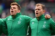 3 November 2018; Will Addison of Ireland, right, sings the anthem alongside team-mate Jordi Murphy prior to the International Rugby match between Ireland and Italy at Soldier Field in Chicago, USA. Photo by Brendan Moran/Sportsfile