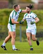 4 November 2018; Cian O'Maolagain, right, of Gaoth Dobhair celebrates a score with team-mate Caoimhin O'Casaide during the AIB Ulster GAA Football Senior Club Championship quarter-final match between Cargan Erin's Own and Gaoth Dobhair at Corrigan Park in Antrim. Photo by Mark Marlow/Sportsfile