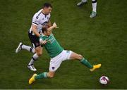 4 November 2018; Karl Sheppard of Cork City in action against Brian Gartland of Dundalk during the Irish Daily Mail FAI Cup Final match between Cork City and Dundalk at the Aviva Stadium in Dublin. Photo by Brendan Moran/Sportsfile