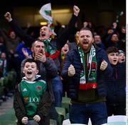 4 November 2018; Cork City supporters celebrate their side's first goal during the Irish Daily Mail FAI Cup Final match between Cork City and Dundalk at the Aviva Stadium in Dublin. Photo by Ramsey Cardy/Sportsfile