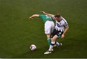 4 November 2018; Sean Hoare of Dundalk fouls Karl Sheppard of Cork City, resulting a penalty and a goal for Cork City, during the Irish Daily Mail FAI Cup Final match between Cork City and Dundalk at the Aviva Stadium in Dublin. Photo by Brendan Moran/Sportsfile
